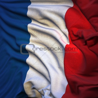 Flag of France, fluttering in the breeze, backlit rising sun
