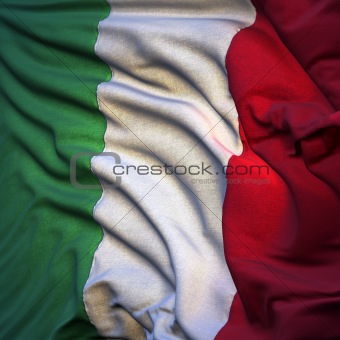 Flag of Italy, fluttering in the breeze, backlit rising sun