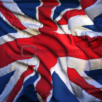 Flag of the United Kingdom, fluttering in the breeze, backlit rising sun