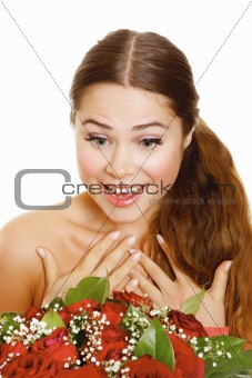 Woman with roses, isolated on white background.