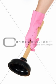 Female hand in a pink glove keeps a ventouse for the water drain