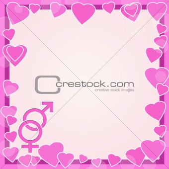 Male and female symbols on background with hearts