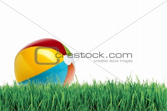 Colorful ball on green grass over white