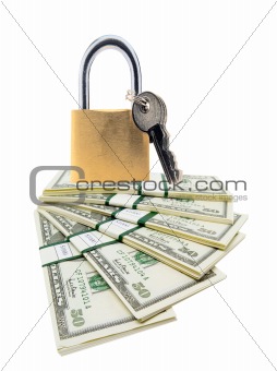 Money and lock isolated on white background