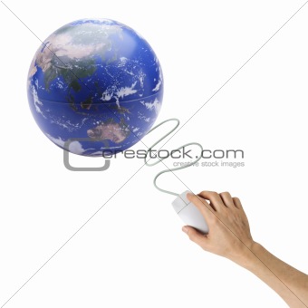 Hand with computer mouse and globe isolated on white background