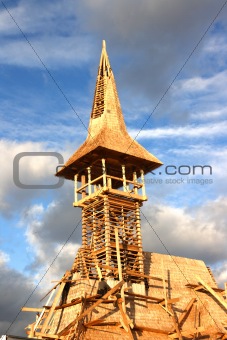 Detail of wooden church being built