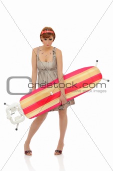 Beautiful house woman with ironing board table. isolated