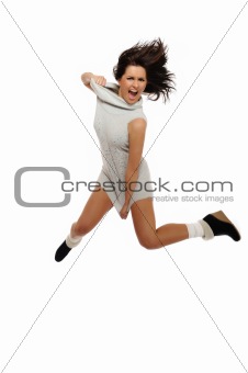Dynamic beautiful wild winter woman jumping and screaming.