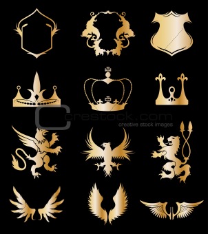 Set heraldic gold elements on black . Vector