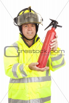 Fireman Demonstrates Fire Extinguisher