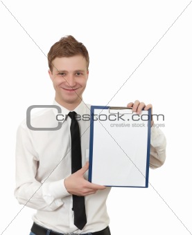 a young man holds a clipboard