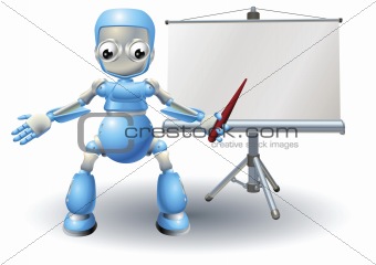 A robot mascot character presenting on roller screen