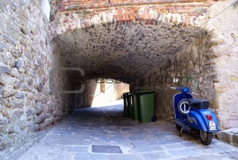 Tunnel, Motorcycle Vespa and Garbage Bins