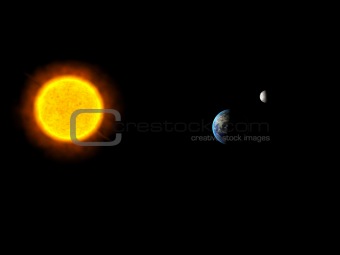 Sun system with The Sun, Earth and Moon