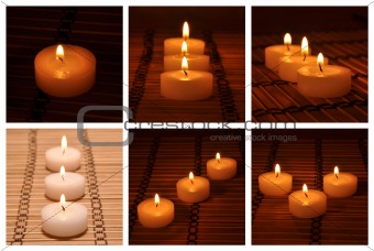 Different candles on a bamboo carpet