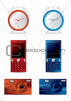 Clock, mobile and camera vector illustrations