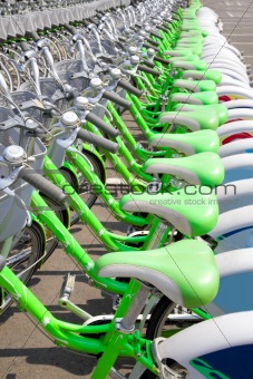 Green Bicycle rent in a travel destination city