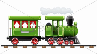 green retro locomotive with coach