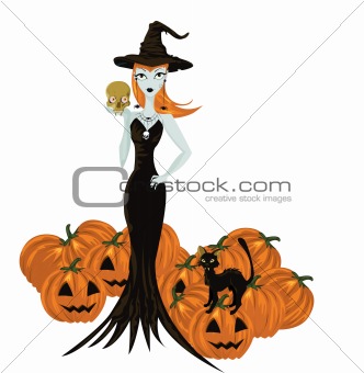 Halloween witch standing with skull and pumpkins 