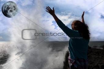 lone woman with raised hands facing a wave and full moon on clif