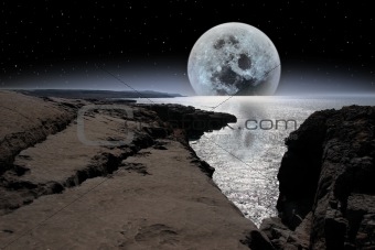shimmering moon and boulders in rocky burren landscape