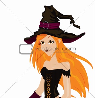 Beautiful sexy witch with long red hair and hat 