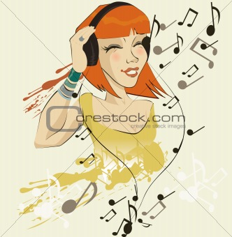 vector image of girl listening to music 