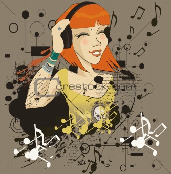The young girl listens to music in headphone(vector illustration