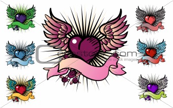 7 tattoo style emblem, vector love, flower, fly icon
