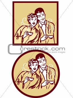 Coffee or tea retro card poster. Woman and man with hot cup