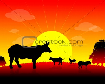 Happy farm, cow on nature background, sun, tree, animals
