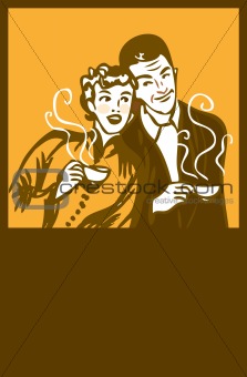 Coffee or tea retro card poster. Woman and man with hot cup