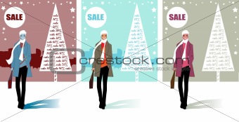 3 Christmas shopping card, sales in the city. Man at the winter 