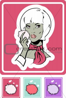 woman make up icon, card, poster, sticker. powder & sponge