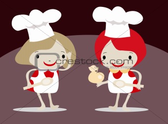 Girls Chef In An Apron And Chefs Hat, Holding A Spoon