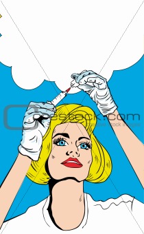 Pop-art Medical and Health Nurse Preparing Injection with bubble
