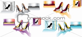 Color stiletto shoes and bag, vector fashion illustration set, 
