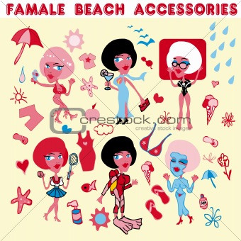 Female beach accessories icons.Woman vacation