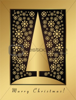 Gold christmas card with new year tree and snow balls ornament