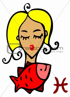 Zodiac signs, icons - pisces, Beauty Woman with fish symbol