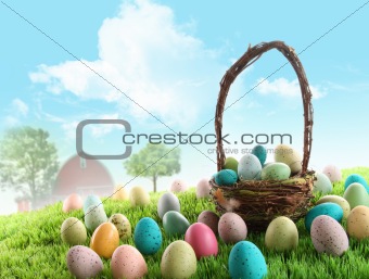 Colorful easter eggs in field of grass 