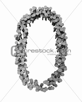 Alphabet made from hammered nails isolated, number 0
