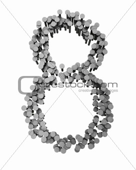 Alphabet made from hammered nails isolated, number 8 