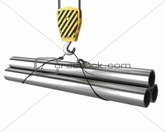 Crane hook lifts up few pipes