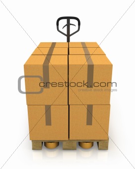 Stack of carton boxes on a pallet with a pallet truck front view