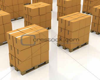 A lot of stacks of carton boxes on a pallets