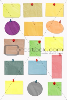 crumpled colored notes on white background