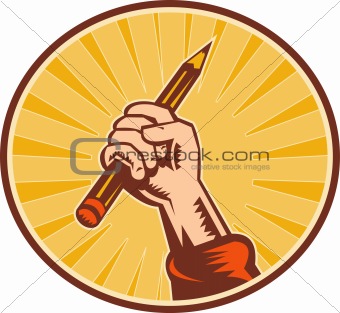 Hand holding pencil with sunburst