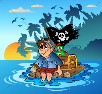 Pirate sailing on wooden raft