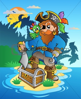 Pirate standing on chest on island